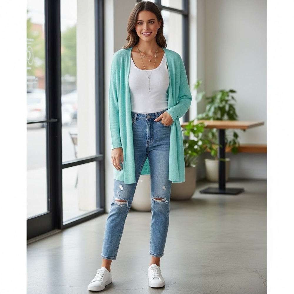 Eileen Fisher Open Front Cardigan Sweater Aqua Teal M Linen‎ Cotton Blend Spring